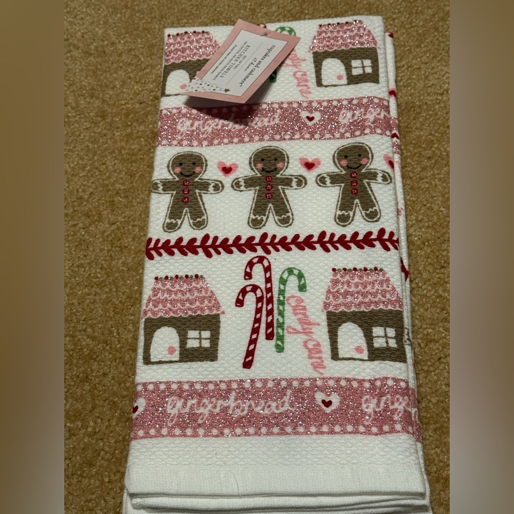 cupcakes & cashmere Festive Gingerbread Kitchen Towels - Red, Brown, White